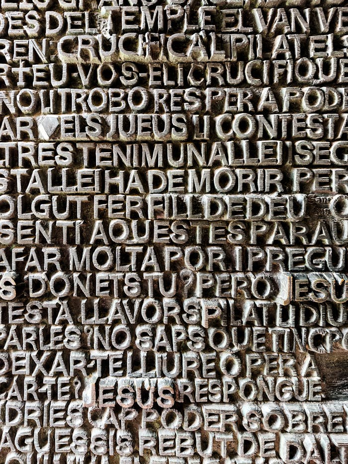 Close-up of detailed typeface text on a Barcelona wall, showcasing intricate typography.